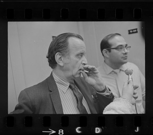 Clarence Berger, executive vice president, and Jeff Osoff, spokesman, both of Brandeis University, speaking to press during sit-in