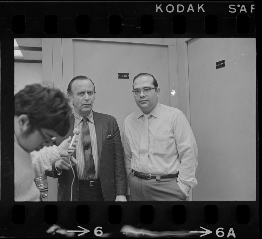 Clarence Berger, executive vice president, and Jeff Osoff, spokesman, both of Brandeis University, speaking to press during sit-in