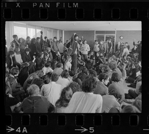 Students gather inside the Bernstein-Marcus Administration Center during sit-in at Brandeis University for a meeting