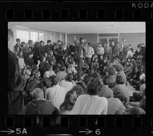 Students gather inside the Bernstein-Marcus Administration Center during sit-in at Brandeis University for a meeting