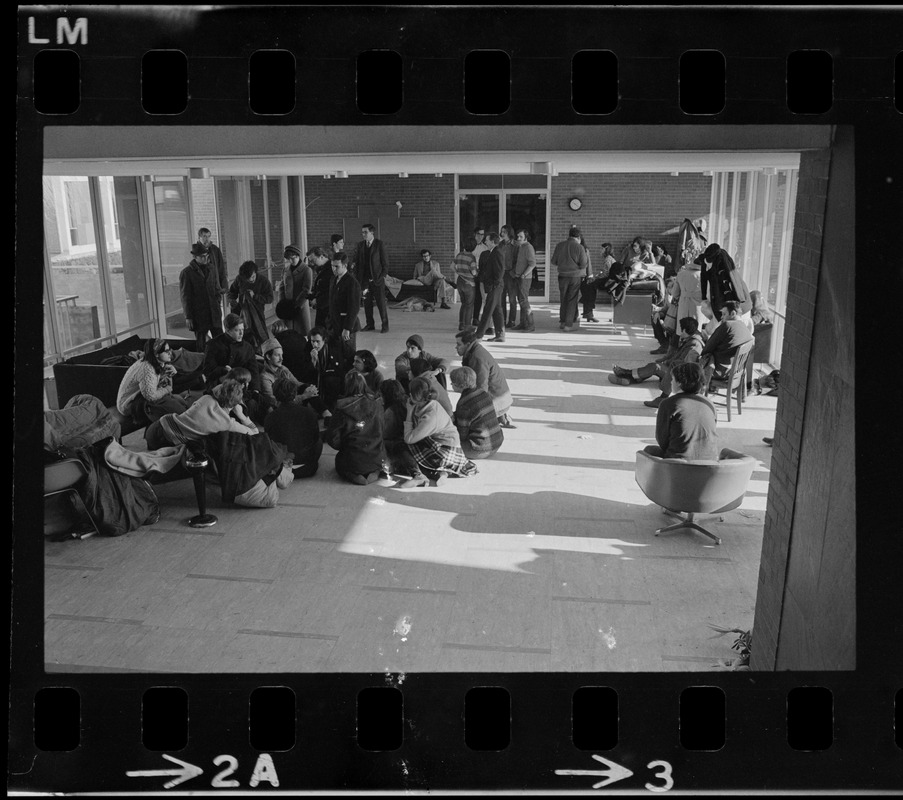 Student sympathizers meet inside Brandeis University administration building during sit-in