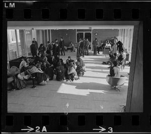 Student sympathizers meet inside Brandeis University administration building during sit-in