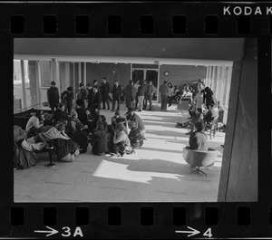 Student sympathizers meet inside Brandeis University administration building during sit-in