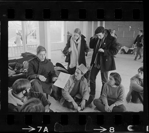 Student sympathizers meet inside Brandeis University administration building during sit-in