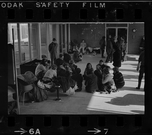 Student sympathizers meeting inside Brandeis University administration building during sit-in