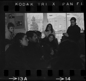 Brandeis University students meet inside administration building during sit-in