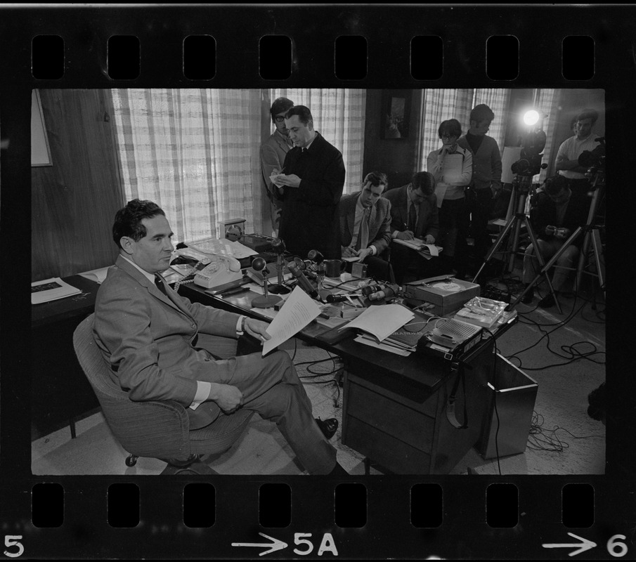 Brandeis University President Morris Abram conducting a press conference in his office during sit-in