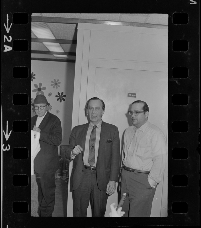 Clarence Berger, executive vice president, and Jeff Osoff, spokesman, both of Brandeis University, speaking to press during sit-in