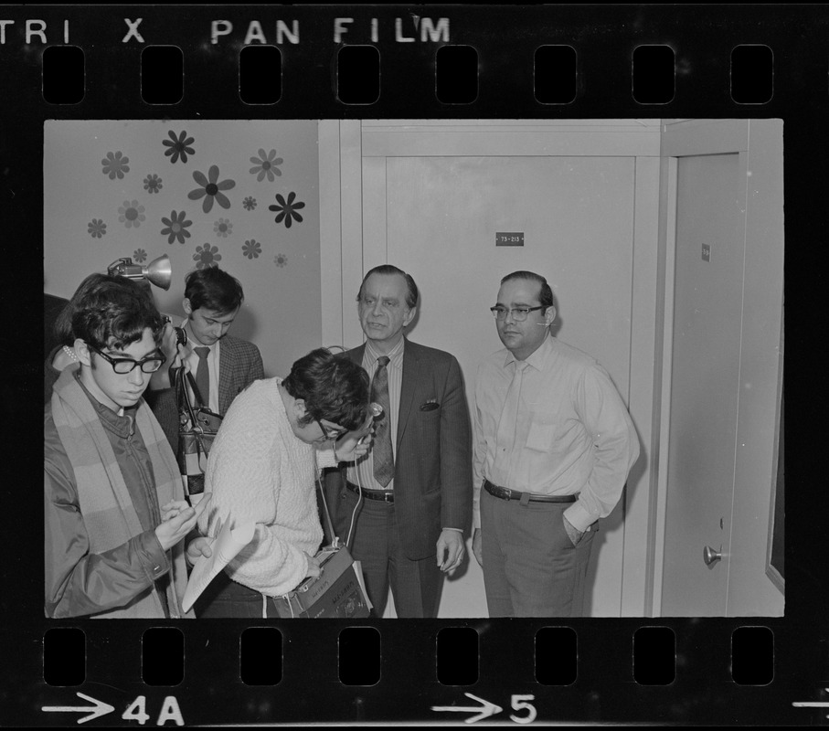 Clarence Berger, executive vice president, and Jeff Osoff, spokesman, both of Brandeis University, speaking to press during sit-in