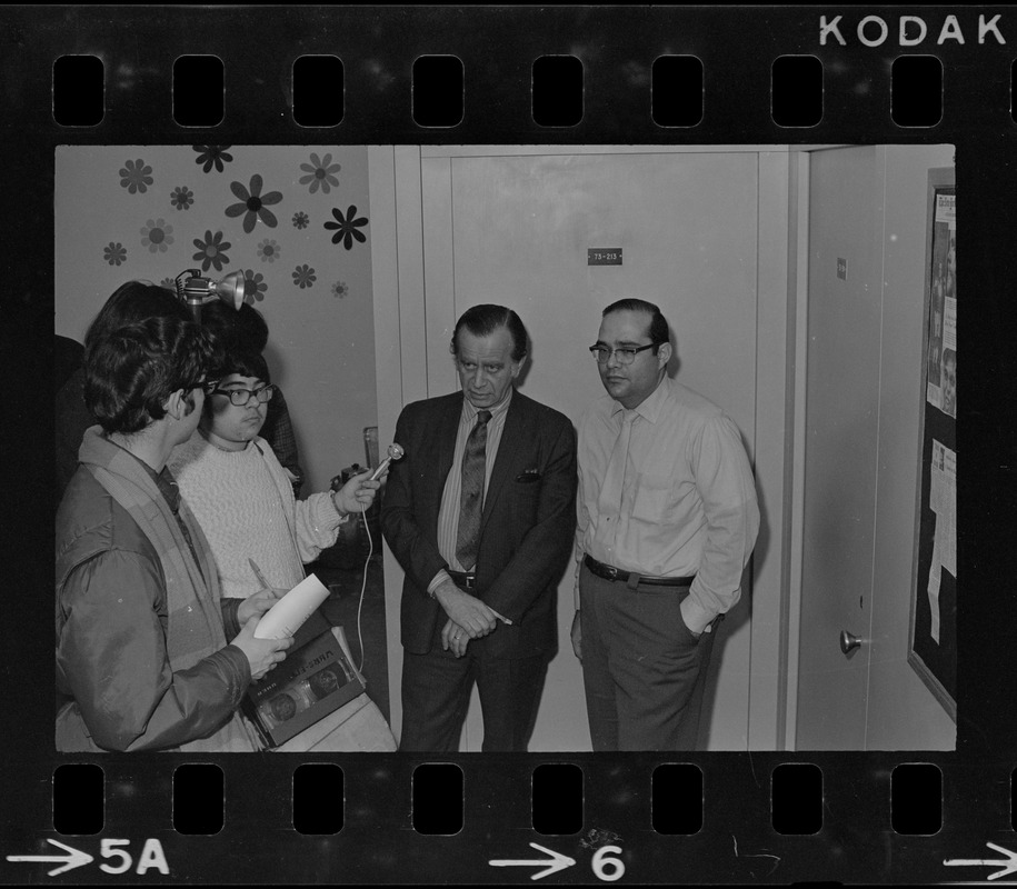 Clarence Berger, executive vice president, and Jeff Osoff, spokesman, both of Brandeis University, speaking to press during sit-in