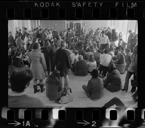 Student sympathizers meet inside Brandeis University administration building during sit-in