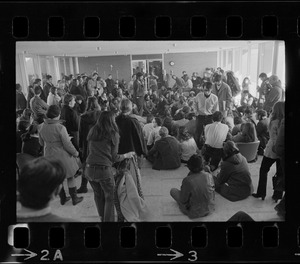Student sympathizers meet inside Brandeis University administration building during sit-in