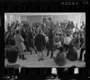 Student sympathizers meet inside Brandeis University administration building during sit-in