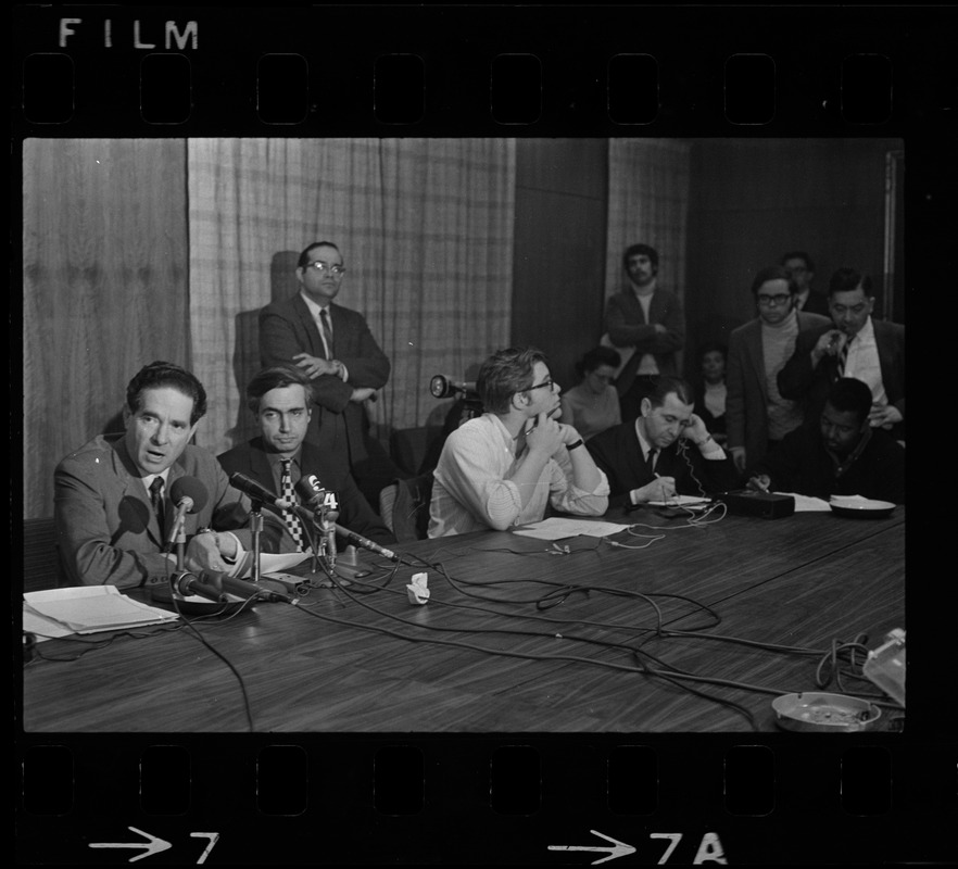 Brandeis University President Morris Abram at press conference during student protest