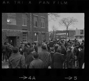 Brandeis University students gather outside Ford Hall in support of the occupying students during sit-in