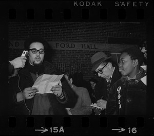 Randall Bailey speaks outside of Ford Hall during Brandeis University sit-in