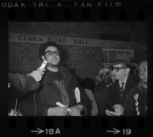 Randall Bailey speaks outside of Ford Hall during Brandeis University sit-in