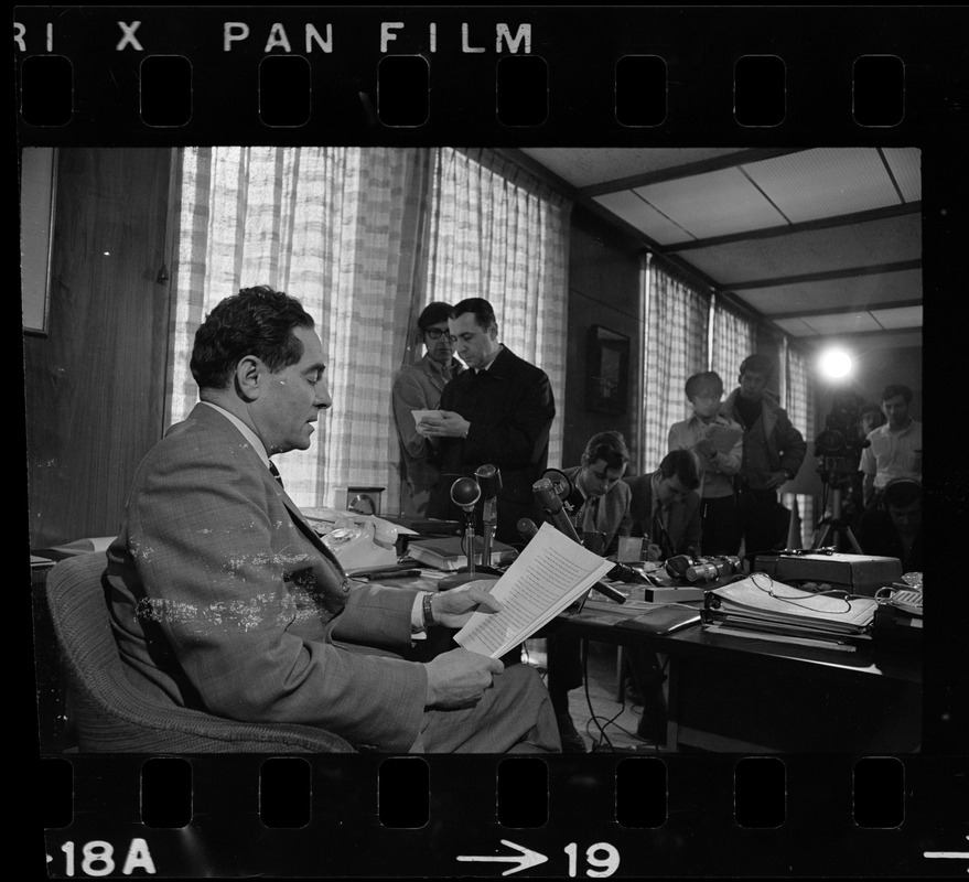 Brandeis University President Morris Abram conducting a press conference in his office during sit-in