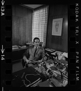 Brandeis University President Morris Abram conducting a press conference in his office during sit-in