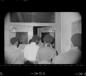 Brandeis University Black students stand inside Ford Hall doorway during their protest of university policies