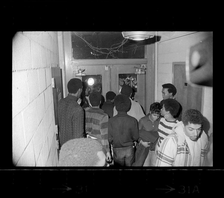 Black students at Brandeis University occupy Ford Hall and seen gathered in front of entrance