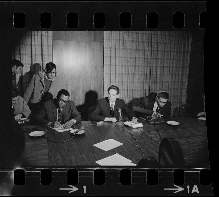 Brandeis University President Morris Abram at press conference during student protest