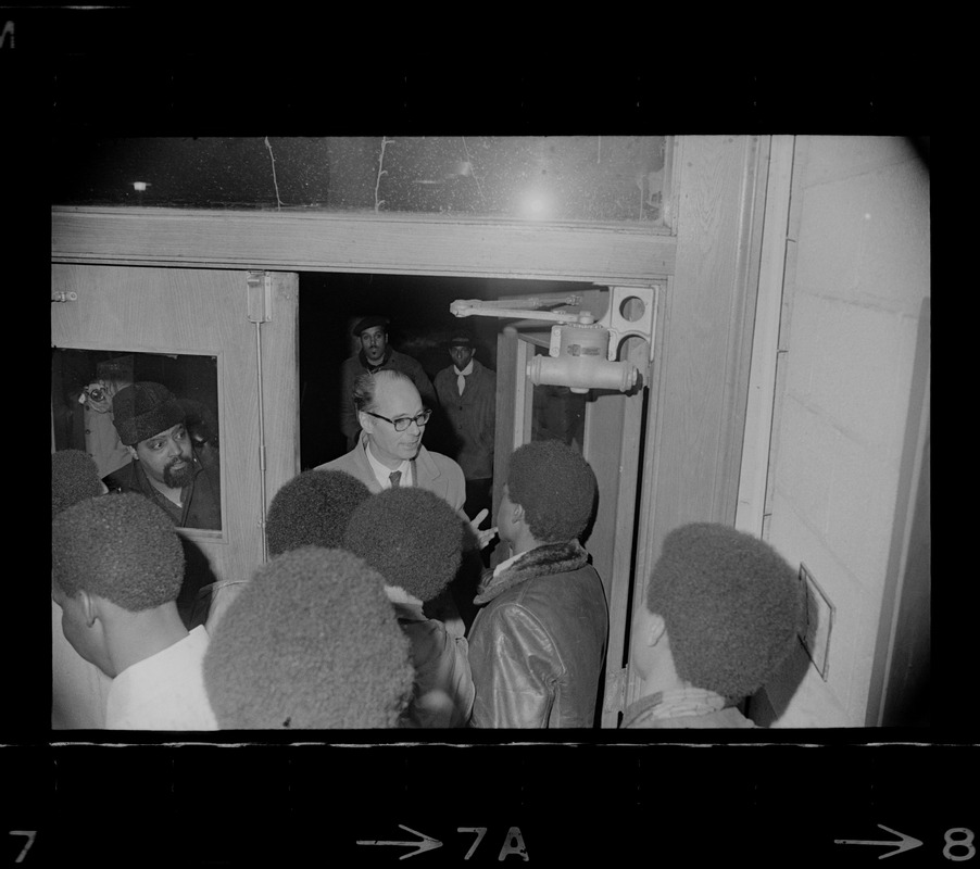 Brandeis University official arrives at seized Ford Hall during Black student protest