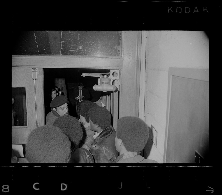 Black students at Brandeis University occupy Ford Hall during protest and stand by entrance