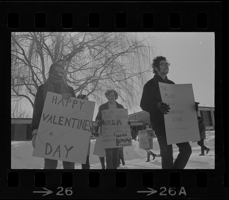 Demonstrating for another cause at Brandeis were these white students, who marched in front of the Administration building protesting the presence of NASA recruiters on campus