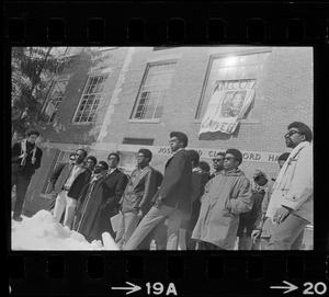 Members of the Afro-American Organization at Brandeis University gather in front of Ford Hall to make a statement that Black instructors should teach Black oriented courses