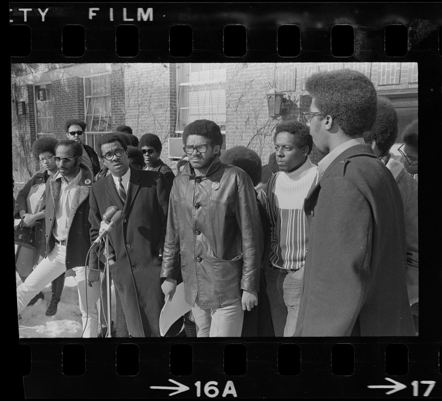 Members of the Afro-American Organization at Brandeis University gather in front of Ford Hall to make a statement that Black instructors should teach Black oriented courses