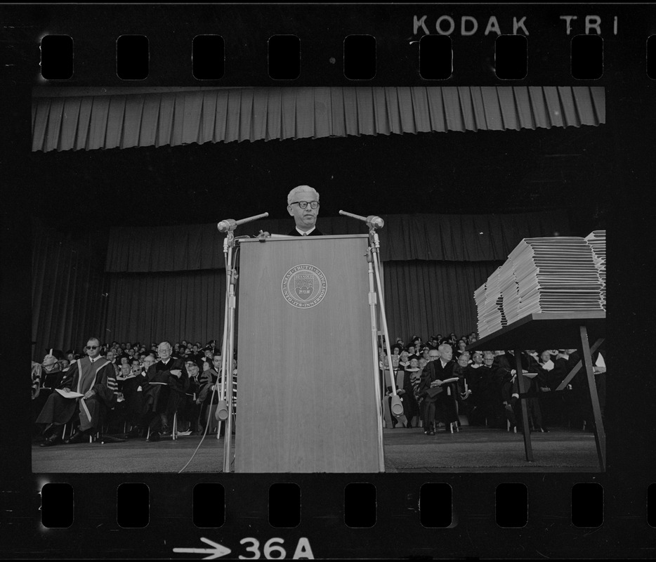 UN Ambassador Arthur J. Goldberg delivers commencement address at Brandeis University during silent protest demonstration