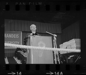 UN Ambassador Arthur J. Goldberg delivers commencement address at Brandeis University during silent protest demonstration