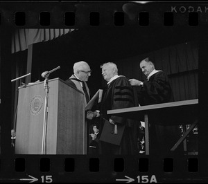 Brandeis University President Abram L. Sachar awarding an honorary degree at commencement