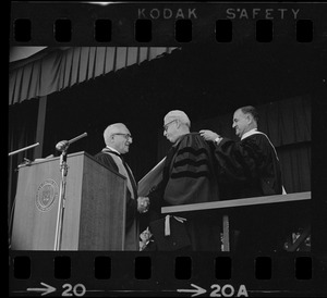 Brandeis University President Abram L. Sachar awarding an honorary degree to UN Ambassador Arthur J. Goldberg at commencement