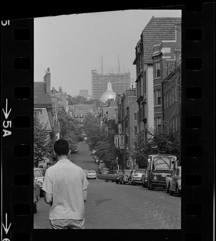 View of Massachusetts State House dome from lower Chestnut Street in Beacon Hill