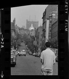 View of Massachusetts State House dome from lower Chestnut Street in Beacon Hill