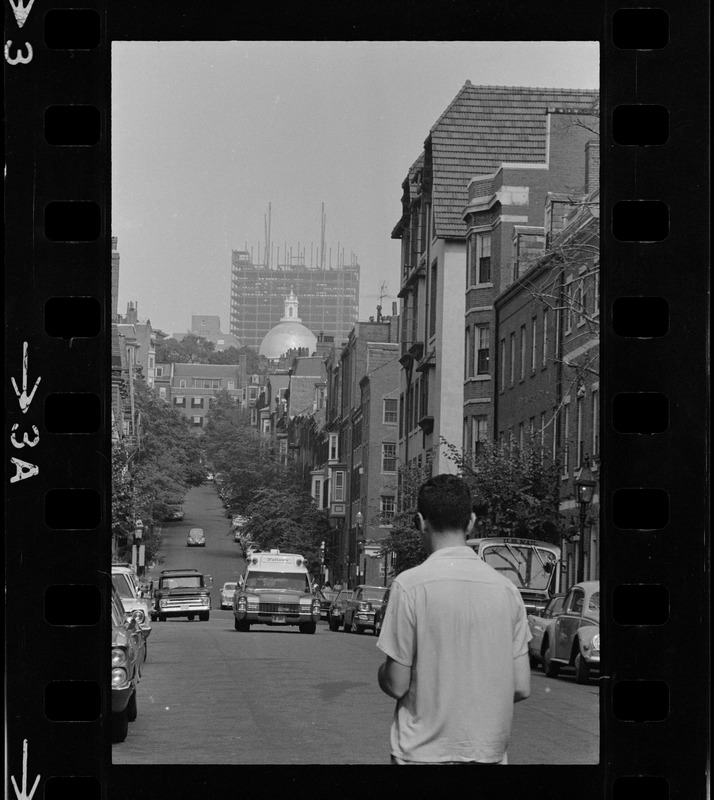 View of Massachusetts State House dome from lower Chestnut Street in Beacon Hill