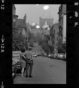 View of Massachusetts State House dome from lower Chestnut Street in Beacon Hill