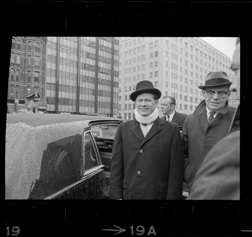 Governor John Volpe seen outside Trinity Church, Copley Square, attending the memorial service for former Governor Christian A. Herter