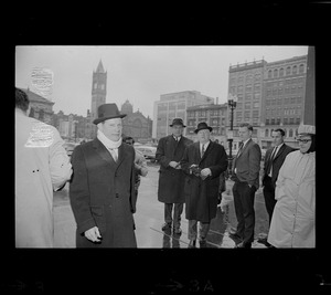 Governor John Volpe seen outside Trinity Church, Copley Square, attending the memorial service for former Governor Christian A. Herter