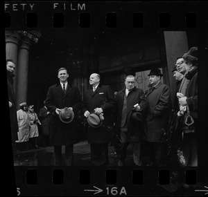 Former governor Endicott Peabody, left, and four other men on the steps of Trinity Church Copley Square for former governor Christian A. Herter's memorial service