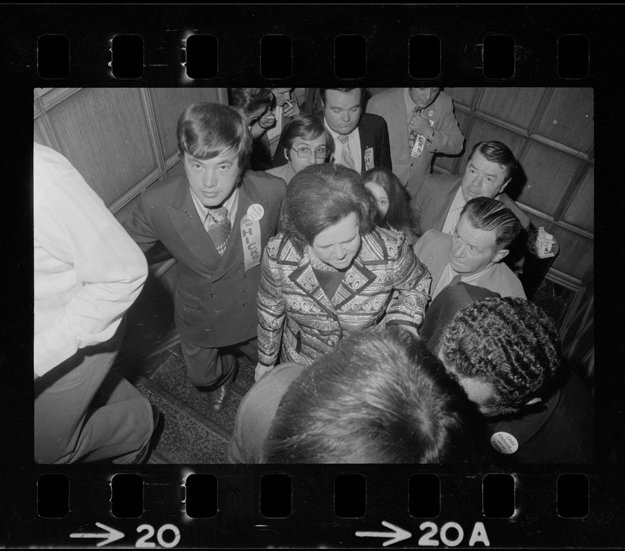 US Representative Louise Day Hicks on staircase surrounded by supporters during her primary race for mayor