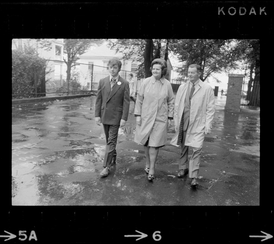 Louise Day Hicks (center) walking with her son, William Hicks (left) and another man during her primary race for mayor