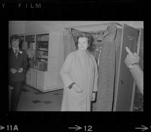 Mrs. Louise Day Hicks in front of voting booth on election day of her primary race for mayor