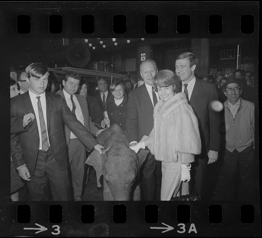 Checking the appearance of their party's symbol during last night's premiere were Rep. Gerald Ford, left, Minority Leader in the House of Representatives, Margaret Heckler, center, Republican Congresswoman from Mass and Rep. Donald Riegle, right, Congressman from Michigan