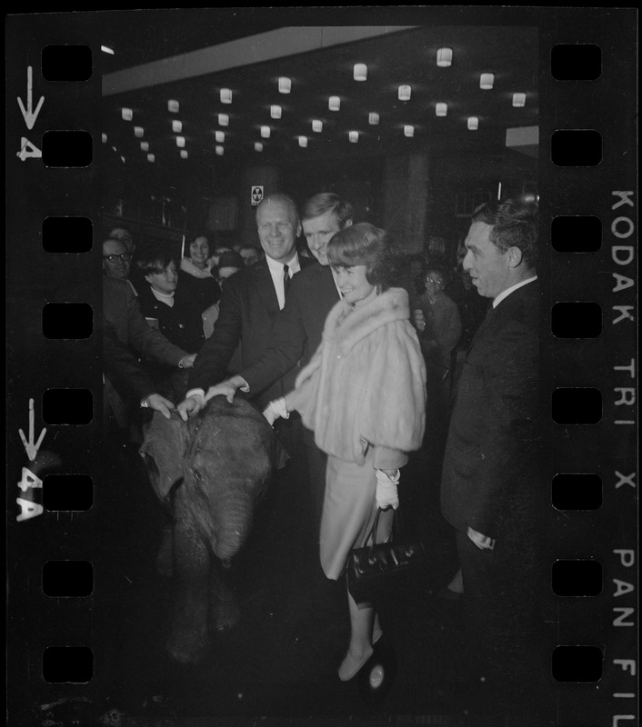 Checking the appearance of their party's symbol during last night's premiere were Rep. Gerald Ford, left, Minority Leader in the House of Representatives, Margaret Heckler, center, Republican Congresswoman from Mass and Rep. Donald Riegle, right, Congressman from Michigan