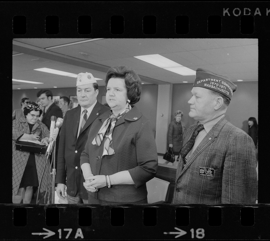 Rep. Louise Day Hicks speaking at Logan Airport prior to her departure for Vietnam