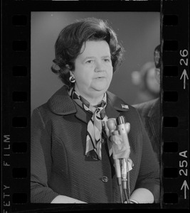 Rep. Louise Day Hicks speaking at Logan Airport prior to her departure for Vietnam