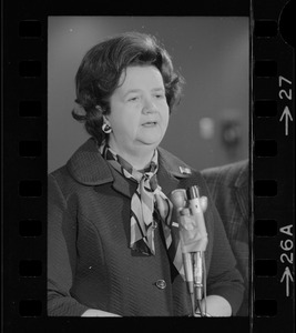 Rep. Louise Day Hicks speaking at Logan Airport prior to her departure for Vietnam